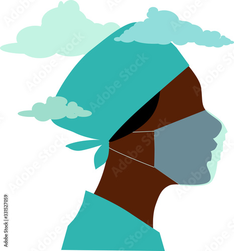 Profile of a female doctor or nurse in scrubs and face mask, clouds over her head, EPS 8 vector illustration, no transparencies