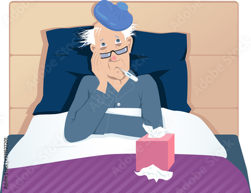 Elderly man sick in bed, taking temperature, EPS 8 vector illustration