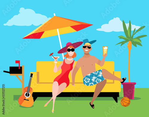 Young couple enjoying a staycation at the backyard under an umbrella, EPS 8 vector illustration