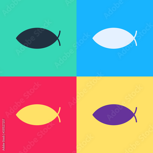 Pop art Christian fish symbol icon isolated on color background. Jesus fish symbol. Vector Illustration