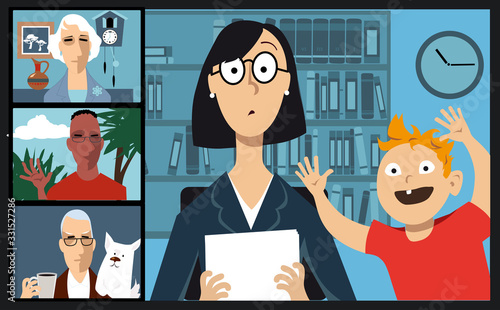 People videoconferencing with coworkers who are staying home practicing social distancing, EPS 8 vector illustration 