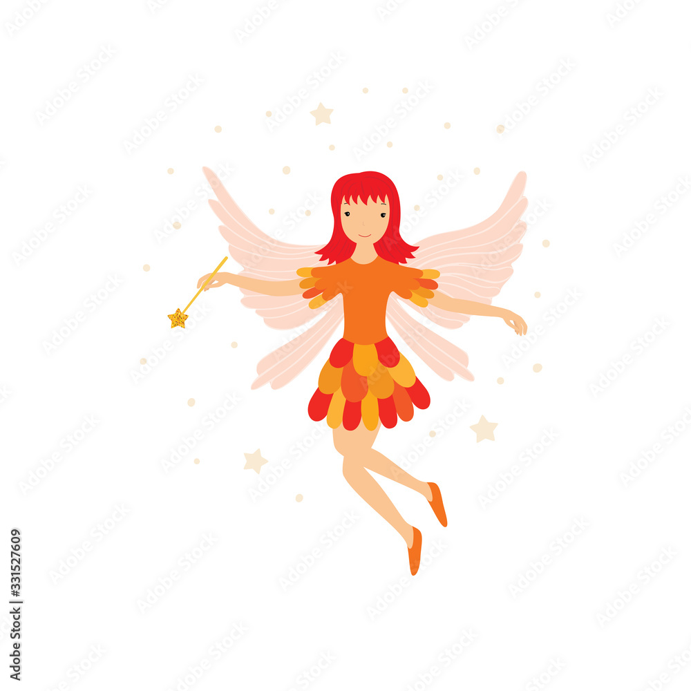 Cute orange fairy in flight with a magic wand