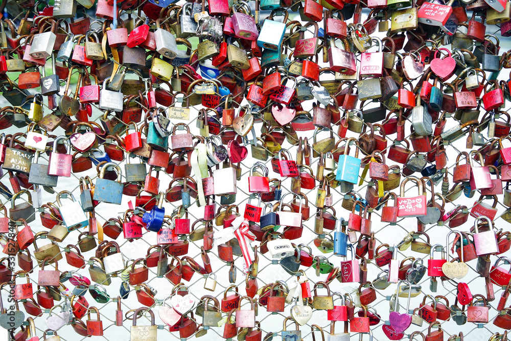 Closeup of love lockers at famous bridge Makartsteg in Salzburg, Austria, Europe