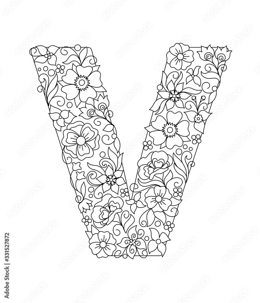 Capital letter V patterned with abstract flowers