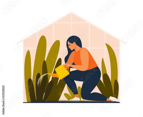 Lovely young woman or gardener taking care of home garden, watering houseplants growing in greenhouse. Flat cartoon vector illustration.