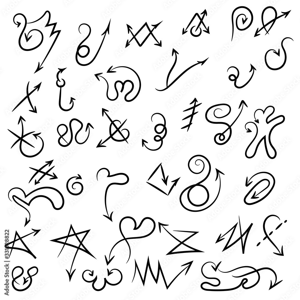 Arrow doodles vector. A set of simple sketches of arrows. Up, down, left, right ones. The effect of a pencil sketch isolated on white background. Vector eps 10. Arrow doodles vector. A set of simple sketches of arrows. Up, down, left, right ones. The effect of a pencil sketch isolated on white background. Vector eps 10.