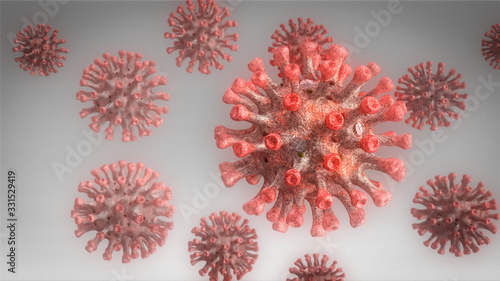Fotografía Großes Virus mit kleinen Viren auf grauem Hintergrund