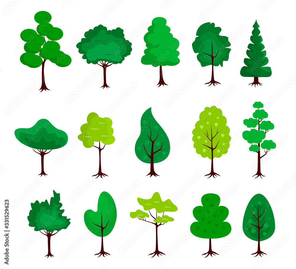 Big set of trees icons in a flat design on a white background