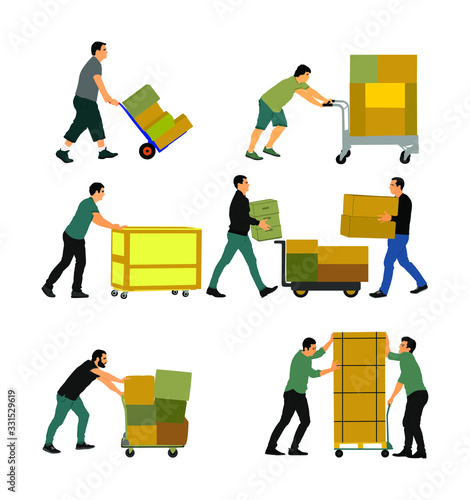 Delivery man carrying boxes of goods vector. Post man with package. Distribution storehouse. Boy holding heavy load for moving service. Handy man in move action. Hand transportation method by cart.