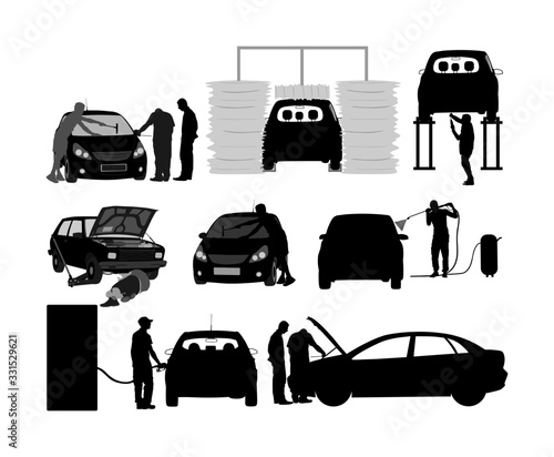 Driver take care of car vector silhouette isolated on white background. Mechanic worker in auto service. Car wash center. Gas station man fueling vehicle with gasoline. Broken car on road or garage.