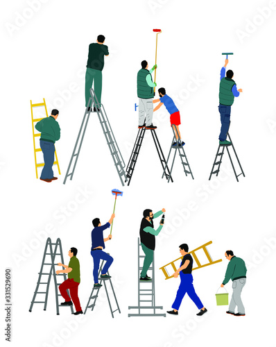 Painter workers on ladder vector illustration isolated on white. Man decorator painting wall with paint brush roller. Crew renovation home. Handyman move in job. Washing window cleaning service action