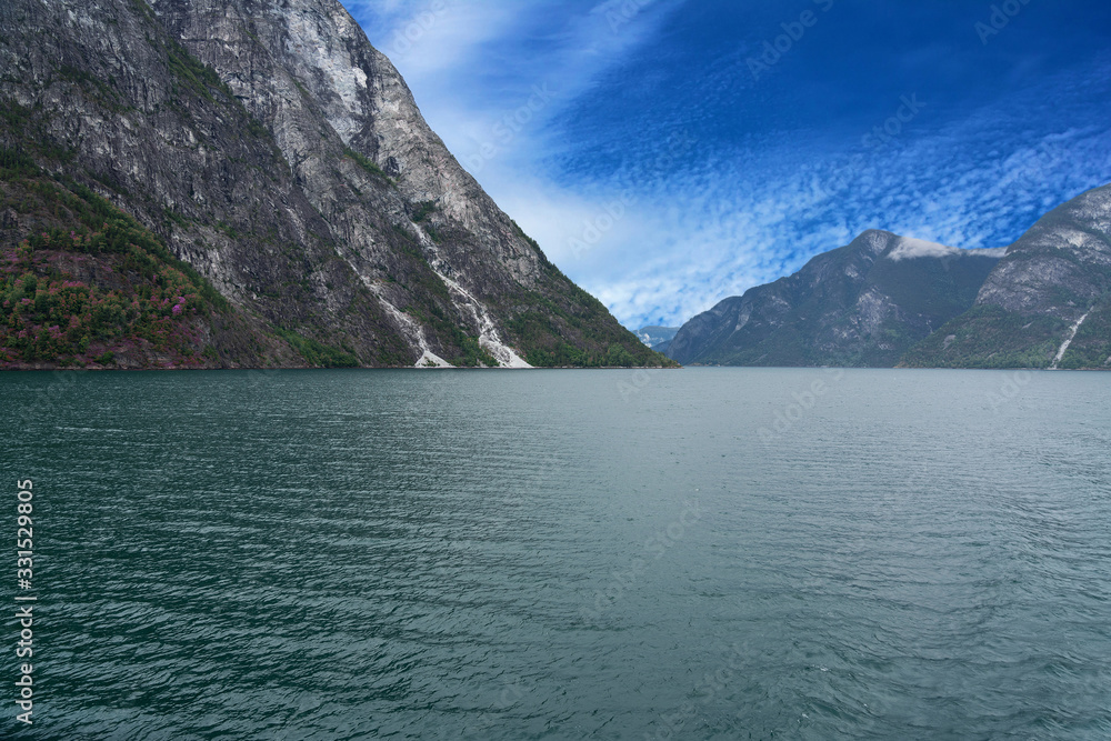Sognefjord sea mountain fjord view with waterfalls, Norway