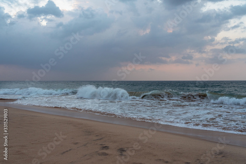 Sri Lanka ocean waves on resorts sand beach with palm tree.