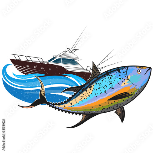 Tuna swimming in the blue waves and boat with fishing rods