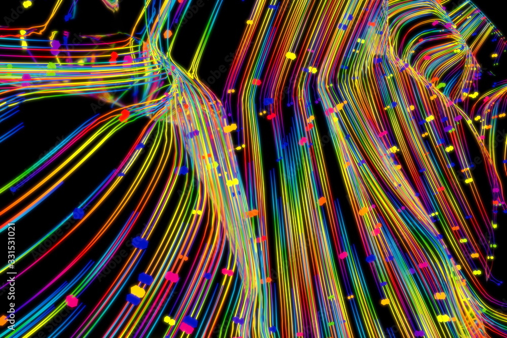 Fototapeta Neon glowing twisted cosmic lines on the glossy surface. Turbulence curls flow colorful motion. Fluid and smooth astronomy vortex swirl structure. 3d rendering Abstract creative modern background