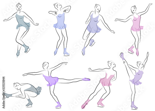 Collection. Skater skates on ice. The girl is beautiful and slender. Lady athlete, figure skater. Vector illustration of a set