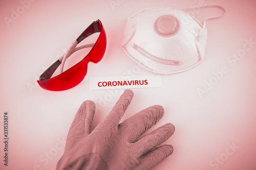 Coronavirus label next to protective wear photo