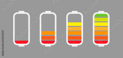 Discharged and fully charged battery smartphone. Set of battery charge level indicators. Vector illustration isolated on grey background.