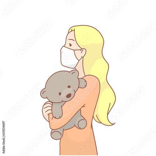 A girl in a medical mask with a Teddy bear in her hands, vector image EPS
