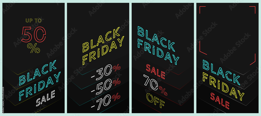 set Vector abstract background, for banner on sale theme, black friday. Minimalistic style, black background, layers in the style of paper art, neon text. Copyspace.	