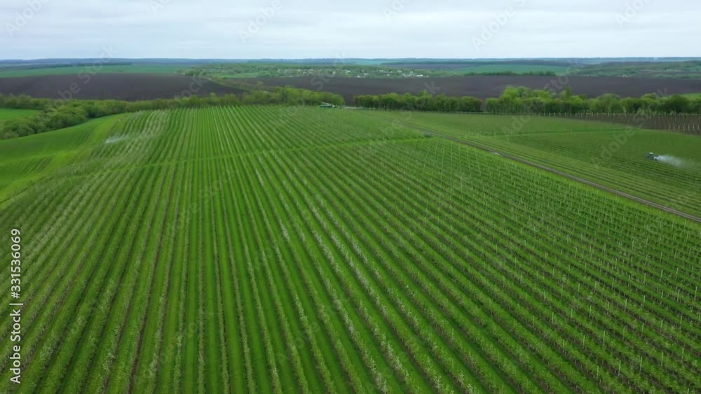 Aerial view of the Sprayer for Applying Fungicides in the Apple Orchard.Crop Protection. Aerial view of the Sprayer for Applying Fungicides in the Apple Orchard.Crop Protection.