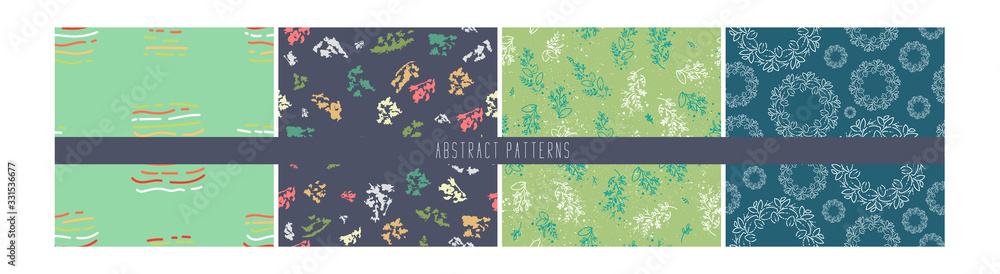set seamless patterns doodle floral abstract elements in blue green colors. Hand drawn. Vector illustration for ceramic tile, wallpaper, textile, invitation, greeting card, web page background.