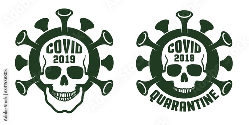Coronavirus quarantine - skull icon in print style. Death virus logo. Viral infection emblem. Vector illustration.