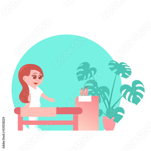 Cute girl masseur in the salon. Table, bedside table with oils, a pot of flowers. Cartoon flat style. Vector isolated illustration.