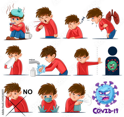 illustrated set of coronavirus symptoms and prevention methods with instructions