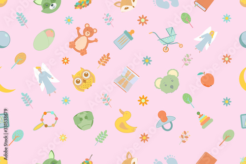 Stylish seamless pattern with funny cartoon animals on a pink background. Colorful vector illustration.
