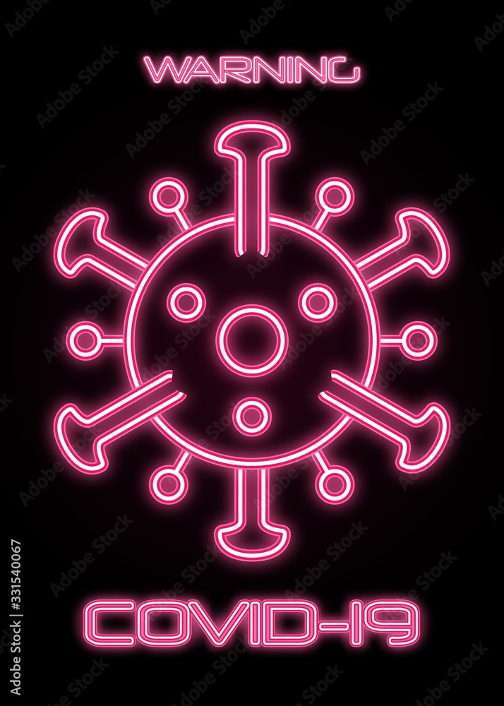 Coronavirus Disease. Neon poster with coronavirus cell icon, Warning COVID-19 Coronavirus Disease. Neon poster with coronavirus cell icon, Warning COVID-19
