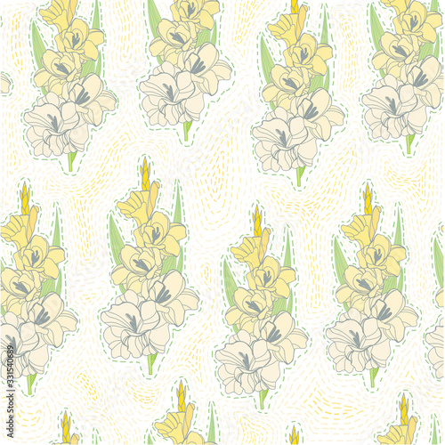 floral blooming gladiolus hand drawn vector illustration sketch. Yellow pattern.