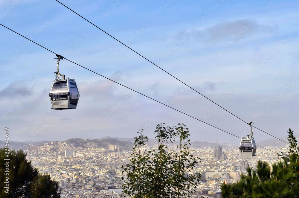cable car in the panoramic view of barceloa city