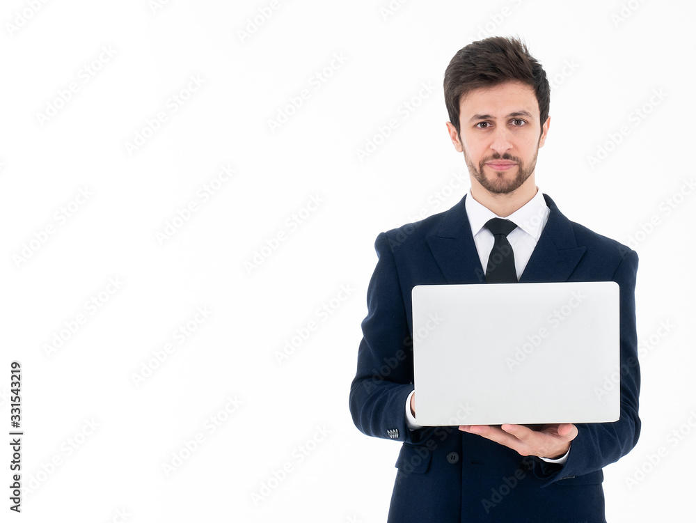 Caucasian businessman handsome confident and hold computer laptop digital device to check work task and financial information serious face while wear formal suit portrait isolated on white background Caucasian businessman handsome confident and hold computer laptop digital device to check work task and financial information serious face while wear formal suit portrait isolated on white background