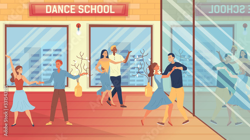 Dance School Concept. People Are Having A Dance Lessons. Characters Dancing In Pairs In The Classroom. Men And Women Have A Good Time Dancing Tango Together. Cartoon Flat Style. Vector Illustration