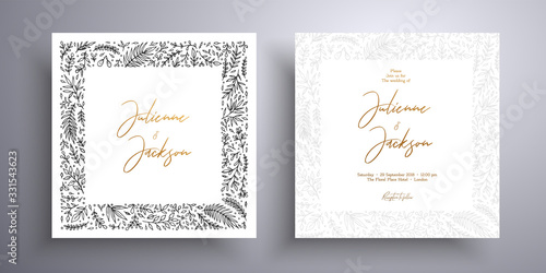 Golden invitation with frame of leaves and flowers. Botanical template with space for your text. Beautiful cards that can be used for design cover, invitation, greeting cards, brochure and etc