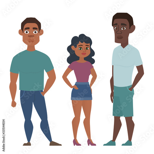 Young African American group of people, woman and two men in casual clothes. Vector illustration