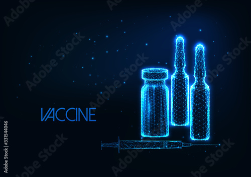 Futuristic vaccine research concept with glowing low polygonal ampules, syringe on dark blue.