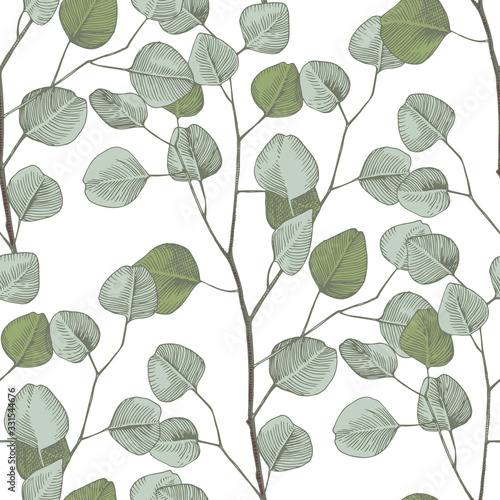 Seamless pattern with hand drawn eucalyptys branches
