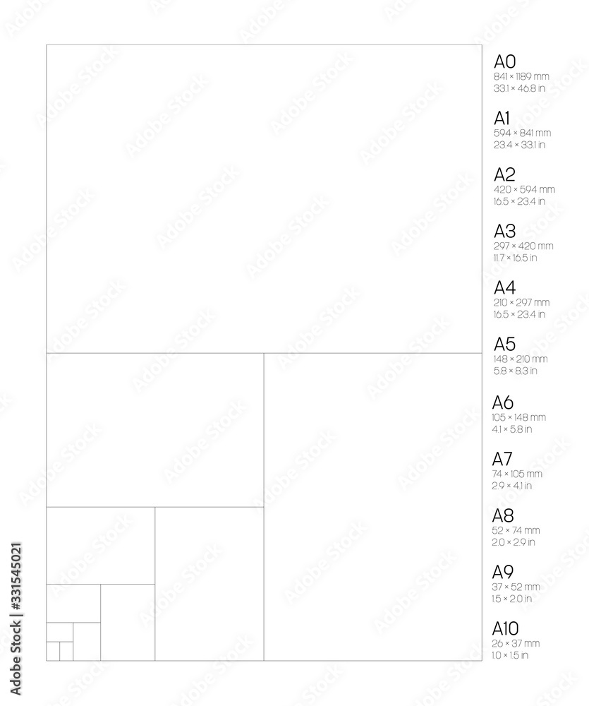 A Series Paper Sizes. With labels and dimensions in milimeters and inches. Simple flat vector illustration A Series Paper Sizes. With labels and dimensions in milimeters and inches. Simple flat vector illustration