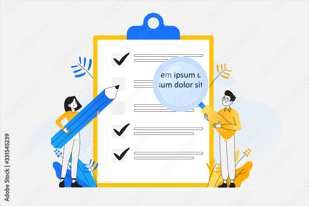 To do list and planning checklist concept. Young people holding giant magnifier and pencil, checking on paper to do list, daily task or agreement, vector illustration To do list and planning checklist concept. Young people holding giant magnifier and pencil, checking on paper to do list, daily task or agreement, vector illustration