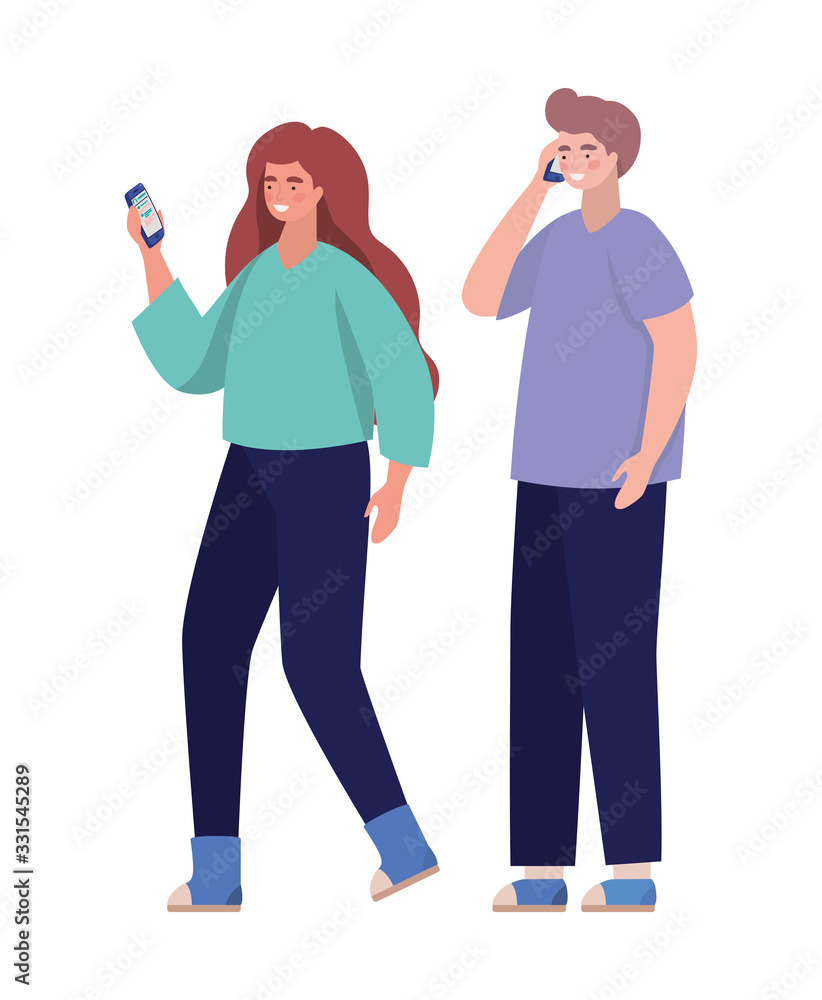 Boy and girl with smartphones vector design Boy and girl with smartphones vector design