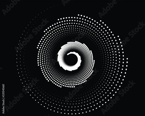 Abstract halftone dots in spiral form. Geometric dotted shape. Monochrome background. Design element for prints, web pages, template