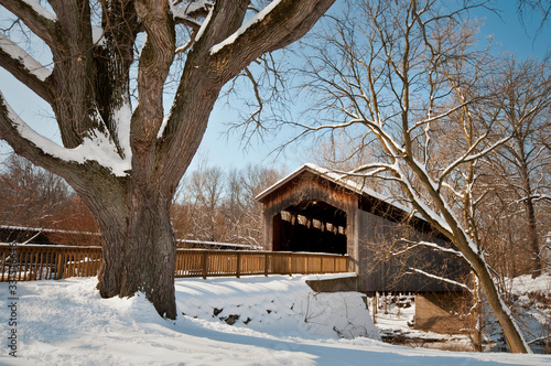 Wintertime at the historic Ada Covered Bridge in Kent County, Michigan.