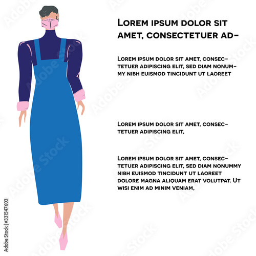 Girl in blue midi dress and matching top protective mask. News outbreak blogger