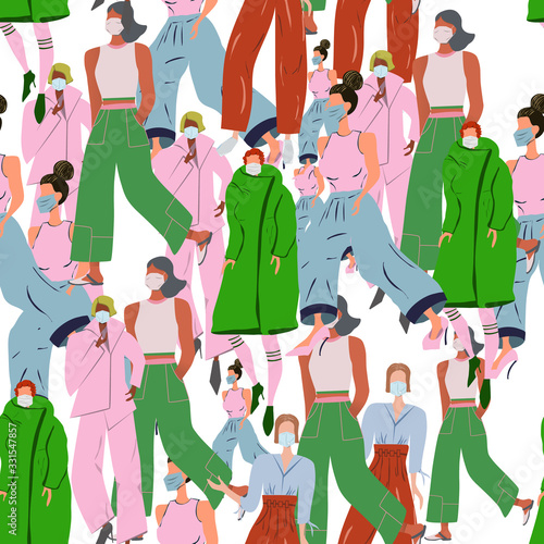 Seamless pattern with people wearing protective face mask. News outbreak blogger