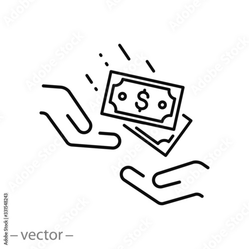 charity icon, money donation, generous hand, donate finance, thin line web symbol on white background - editable stroke vector illustration eps10