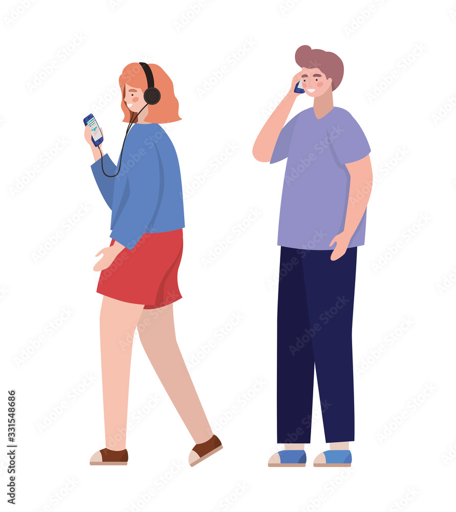 Boy and girl with smartphones vector design Boy and girl with smartphones vector design