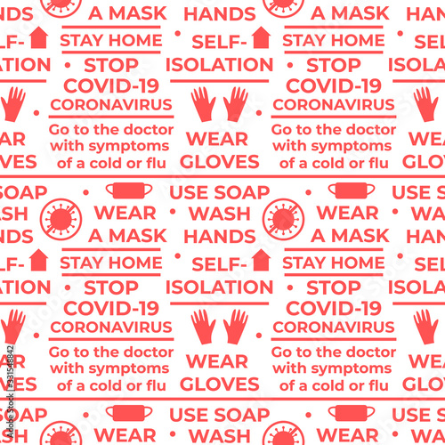COVID-19 Coronavirus rules. Seamless vector pattern with text and symbol. Wear gloves, wear a mask, wash your hands, use soap, stay home, selfie isolation. Red isolated on white background design
