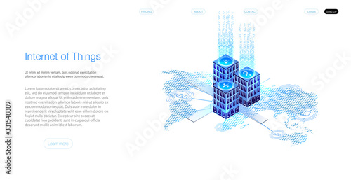 Internet of things (IoT) and networking concept for connected devices. Spider web of network connections with on a futuristic blue background.